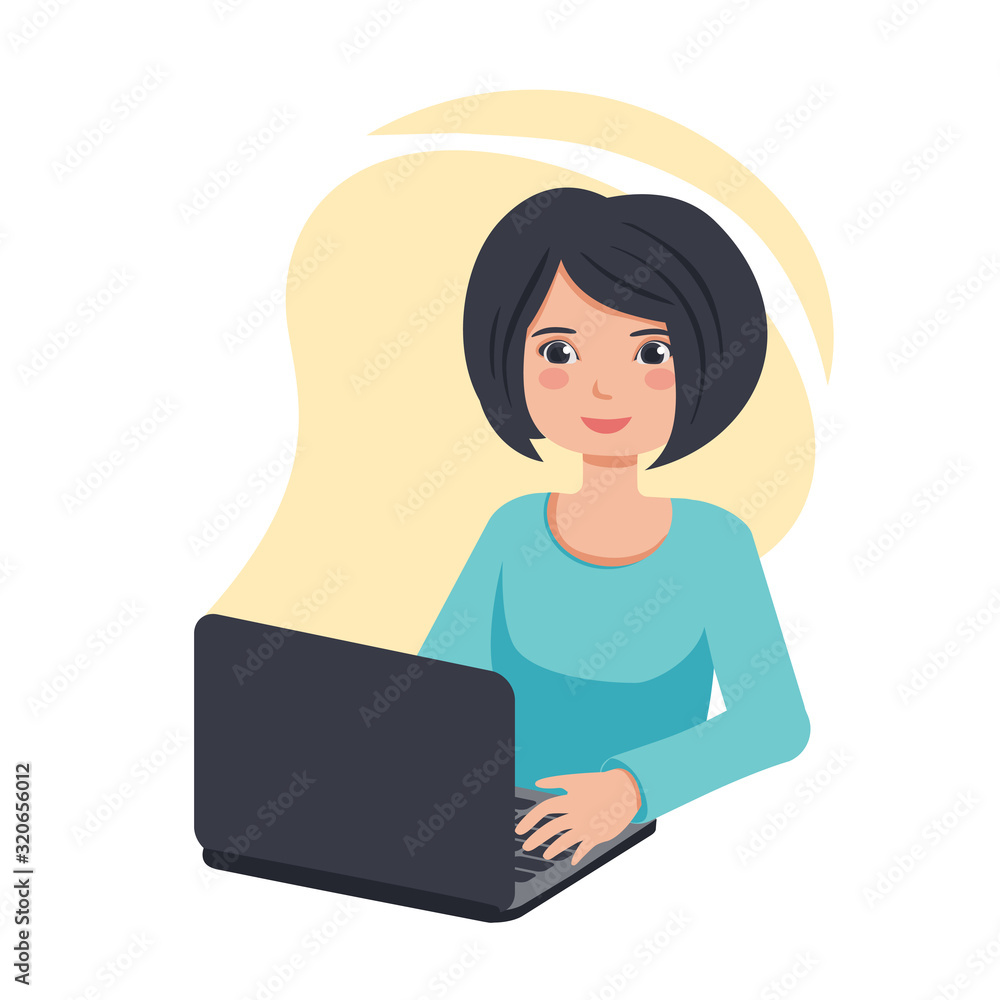 young woman working on laptop. manager freelancer. creative design profession. isolated vector illustration young woman working on laptop. manager freelancer. creative design profession. isolated vector illustration