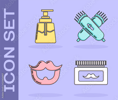 Set Cream or lotion cosmetic jar, Aftershave, Mustache and beard and Crossed electrical hair clipper or shaver icon. Vector