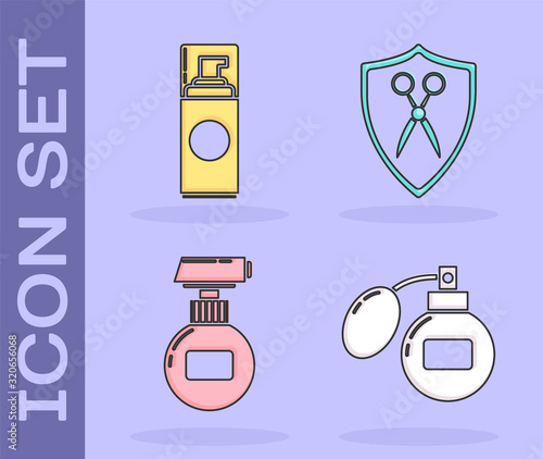 Set Aftershave, Shaving gel foam, Cream or lotion cosmetic tube and Scissors hairdresser and shield icon. Vector