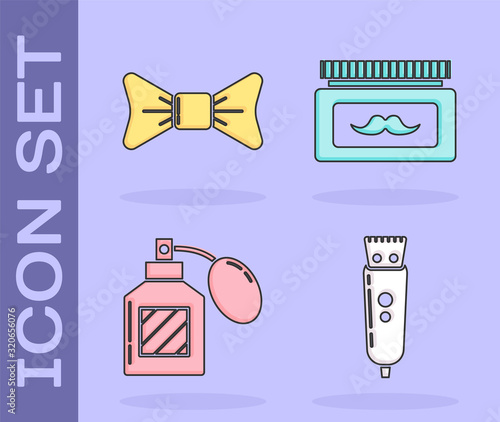 Set Electrical hair clipper or shaver, Bow tie, Aftershave and Cream or lotion cosmetic jar icon. Vector