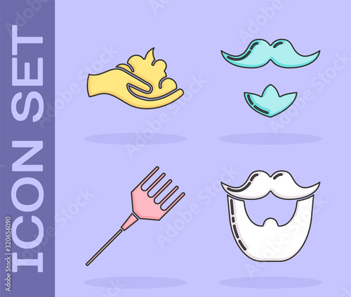 Set Mustache and beard, Shaving gel foam on hand, Hairbrush and Mustache and beard icon. Vector