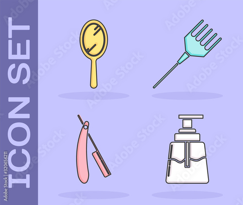 Set Aftershave, Hand mirror, Straight razor and Hairbrush icon. Vector