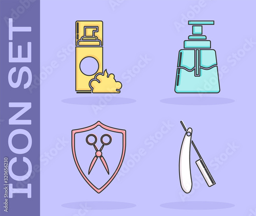 Set Straight razor, Shaving gel foam, Scissors hairdresser and shield and Aftershave icon. Vector