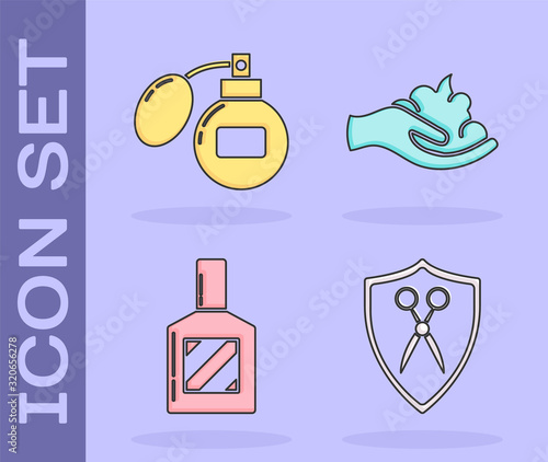 Set Scissors hairdresser and shield, Aftershave, Aftershave and Shaving gel foam on hand icon. Vector