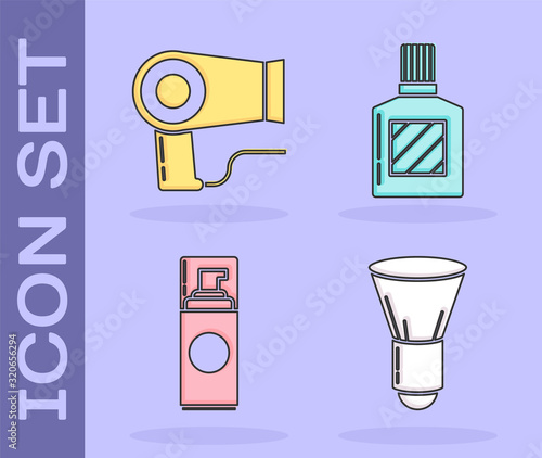 Set Shaving brush, Hair dryer, Shaving gel foam and Aftershave icon. Vector