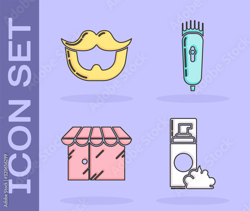 Set Shaving gel foam, Mustache and beard, Barbershop building and Electrical hair clipper or shaver icon. Vector
