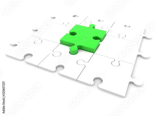 The green puzzle piece in the center between the white puzzle pieces