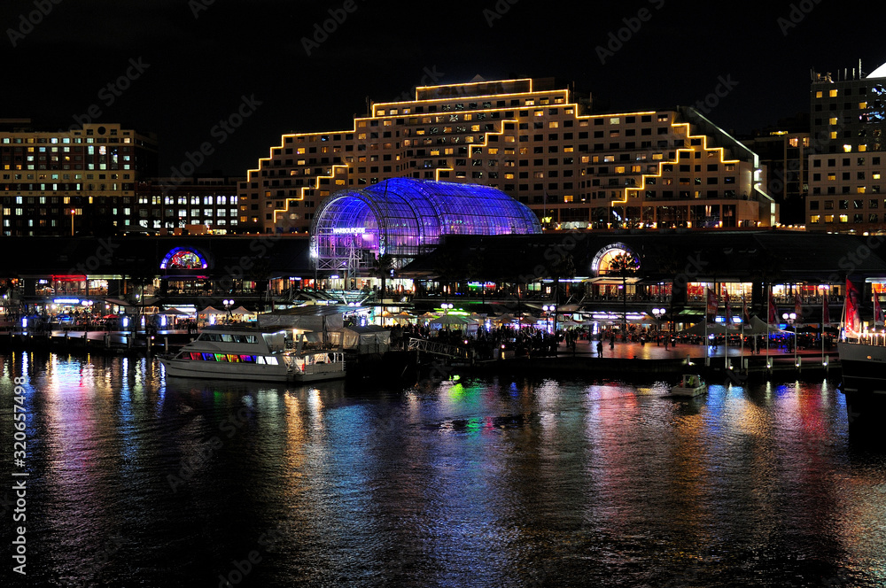 Night View To Harbourside Shopping Centre In Darling Harbour Sydney NSW Australia