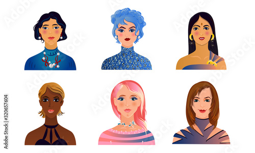 Faces of women of different nationalities, complexion vector illustration