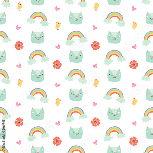 unique vector easter seamless pattern with cute clipart: cat, rainbow, chicken, poppy flower, heart. cartoon easter repeating tile with spring clip art for fabric, wrapping paper, nursery wallpaper.