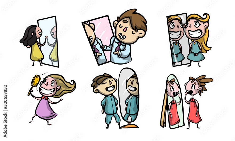 Positive children looking at mirrors at reflections vector illustration Positive children looking at mirrors at reflections vector illustration