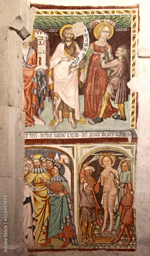 affresco con Santi (San Giovanni Battista, Santa Apollonia, Sant'Agata); chiesa di Santa Maria Assunta, Pieve di Fiemme, Cavalese affresco con Santi (San Giovanni Battista, Santa Apollonia, Sant'Agata); chiesa di Santa Maria Assunta, Pieve di Fiemme, Cavalese