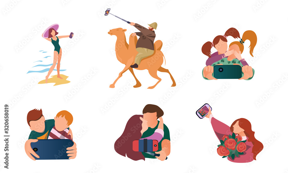 People making selfie on smartphones in different situations vector illustration