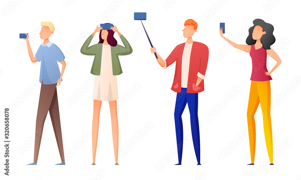 Obraz premium Young women and men making selfie on smartphones vector illustration