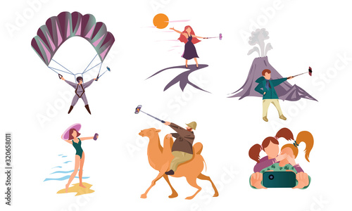 People making selfie on smartphones during summer activities vector illustration
