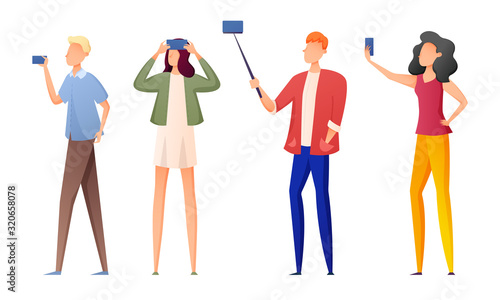 Young women and men making selfie on smartphones vector illustration