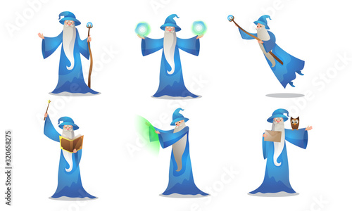 Set of colorful wizard character in different action situations. Vector illustration in flat cartoon style.