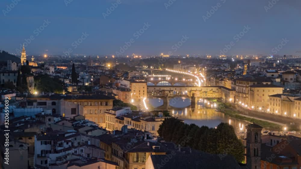 Night to day transition aerial time lapse of Florence old town and Ponte Vecchio bridge over of Arno river, view from Piazzale Michelangelo in Florence, Italy. Night to day transition aerial time lapse of Florence old town and Ponte Vecchio bridge over of Arno river, view from Piazzale Michelangelo in Florence, Italy.