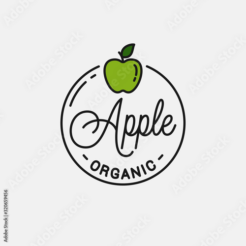 Apple fruit logo. Round linear logo of green apple