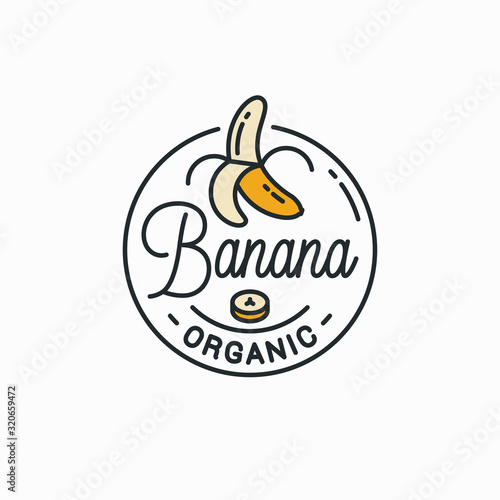Banana logo. Round linear logo of peeled banana