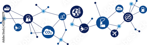 CO2 icon concept: carbon dioxide emissions / pollution: symbols on world map – vector illustration