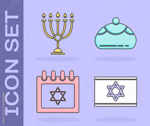 Set Flag of Israel, Hanukkah menorah, Jewish calendar with star of david and Jewish sweet bakery icon. Vector