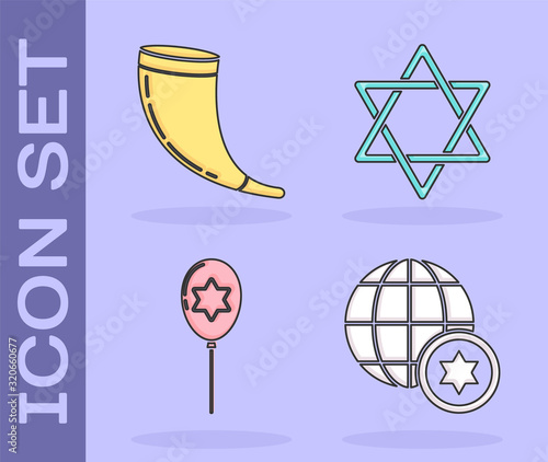 Set World Globe and Israel, Traditional ram horn, shofar, Balloons with ribbon with star of david and Star of David icon. Vector