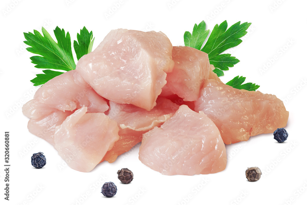 White Meat Composition with Parsley and Pepper. Raw Turkey or Chicken Fillet Cut to Small Pieces. Fresh Meat Isolated on White, Full Depth of Field White Meat Composition with Parsley and Pepper. Raw Turkey or Chicken Fillet Cut to Small Pieces. Fresh Meat Isolated on White, Full Depth of Field
