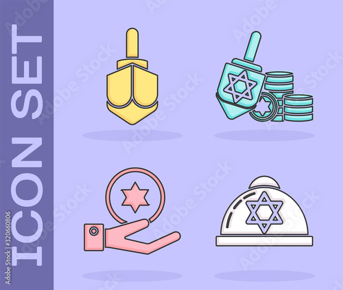 Set Jewish kippah with star of david, Hanukkah dreidel, Jewish coin on hand and Hanukkah dreidel and coin icon. Vector