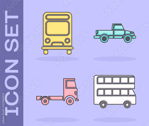 Set Double decker bus, Bus, Delivery cargo truck vehicle and Pickup truck icon. Vector