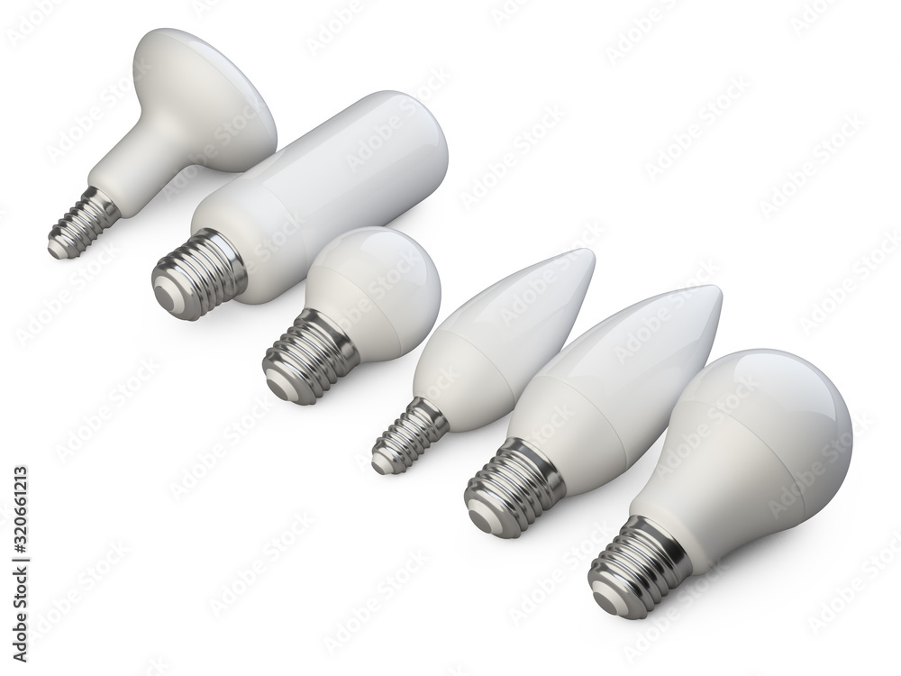 A set of LED efficiency energy light bulbs in various shapes and sizes. Power saving lamp. Stacked in row. A set of LED efficiency energy light bulbs in various shapes and sizes. Power saving lamp. Stacked in row.