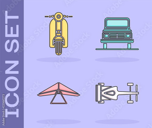 Set Formula race car, Scooter, Hang glider and Car icon. Vector