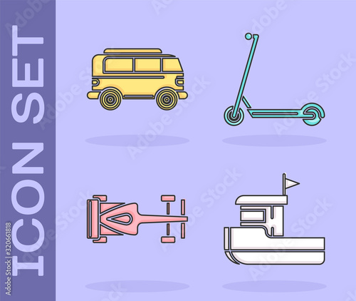 Set Fishing boat, Retro minivan, Formula race car and Scooter icon. Vector