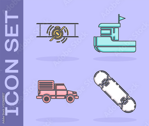 Set Skateboard, Old retro vintage plane, Delivery cargo truck vehicle and Fishing boat icon. Vector