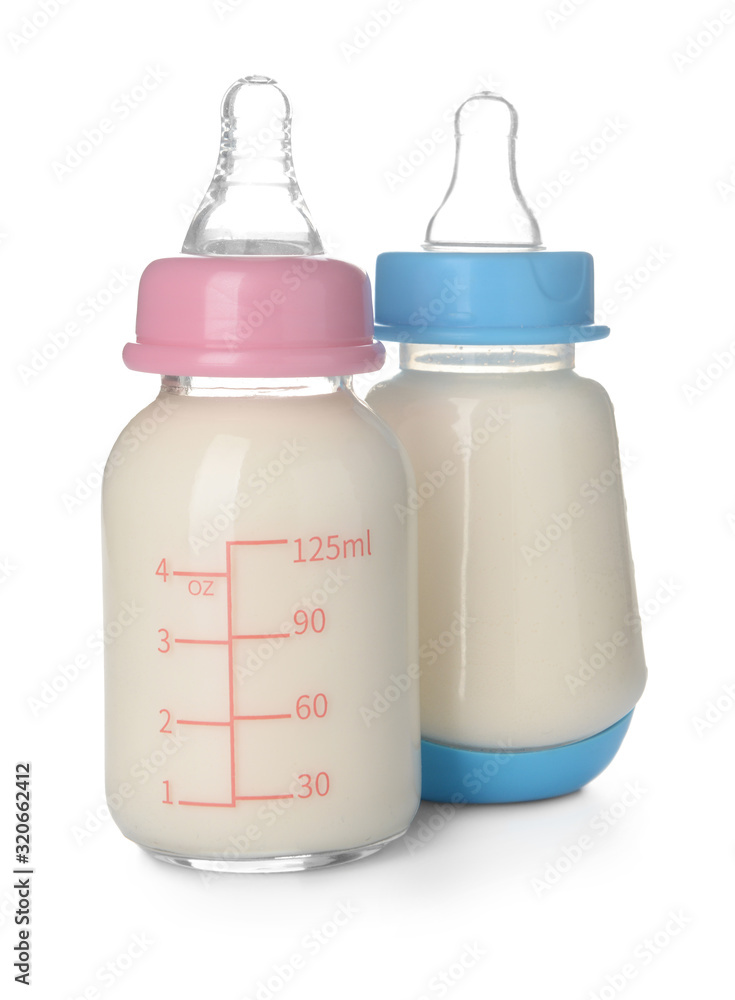 Bottles of milk for baby on white background Bottles of milk for baby on white background