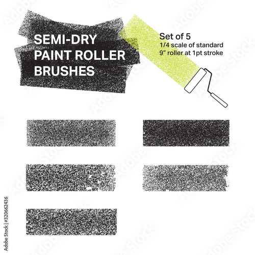 Semi-dry Paint Roller Custom Brush Set, 5 brushes, quarter-scale at 1 pt stroke