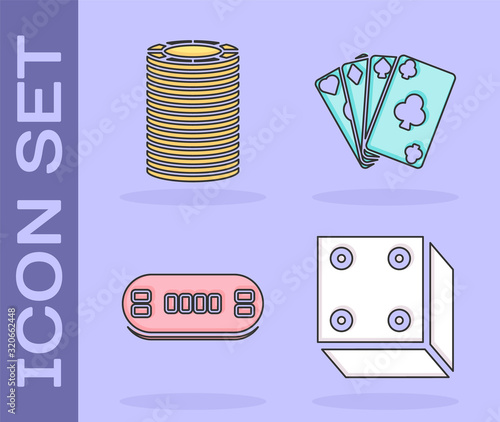 Set Game dice, Casino chips, Poker table and Playing cards icon. Vector