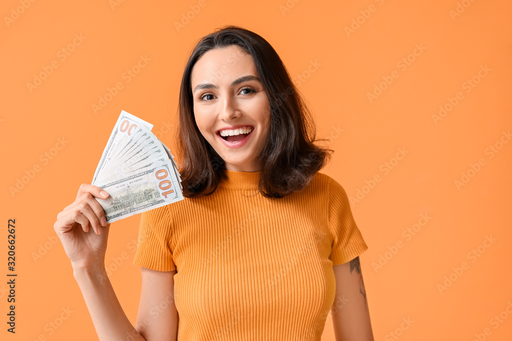 Beautiful young woman with money on color background Beautiful young woman with money on color background