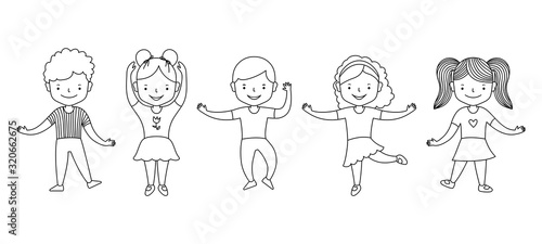 Cute cartoon group of active children girls and boys dancing. Happy funny kids. Big set of vector clipart. Black line on white background. Vector illustration for coloring book