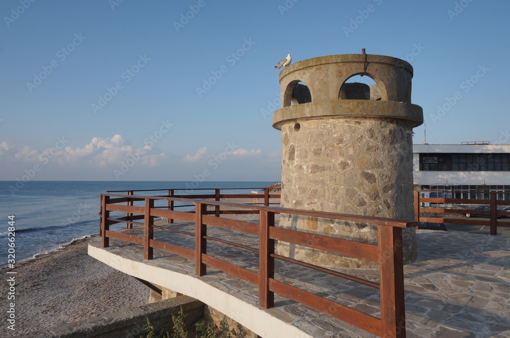 Bulgaria, Nessebar early in the morning at dawn, an ancient city on the Black Sea coast of Bulgaria. Old stone tower.