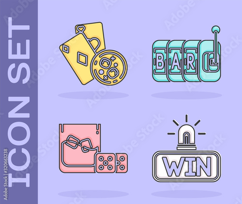 Set Casino win, Playing cards and glass of whiskey with ice cubes, Game dice and glass of whiskey with ice cubes and Slot machine icon. Vector