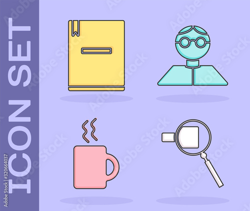 Set Magnifying glass, Notebook, Coffee cup and Student icon. Vector