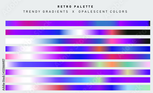 Set of trendy chromatic gradient swatches. Holographic gradient collection for web design and art.