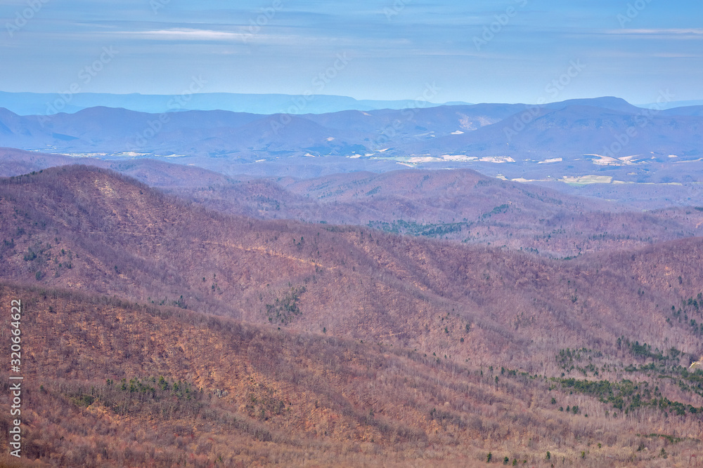 Scenic view of the Blue Ridge and Allegheny mountains from the Blue Ridge Parkway near Roanoke, Virginia