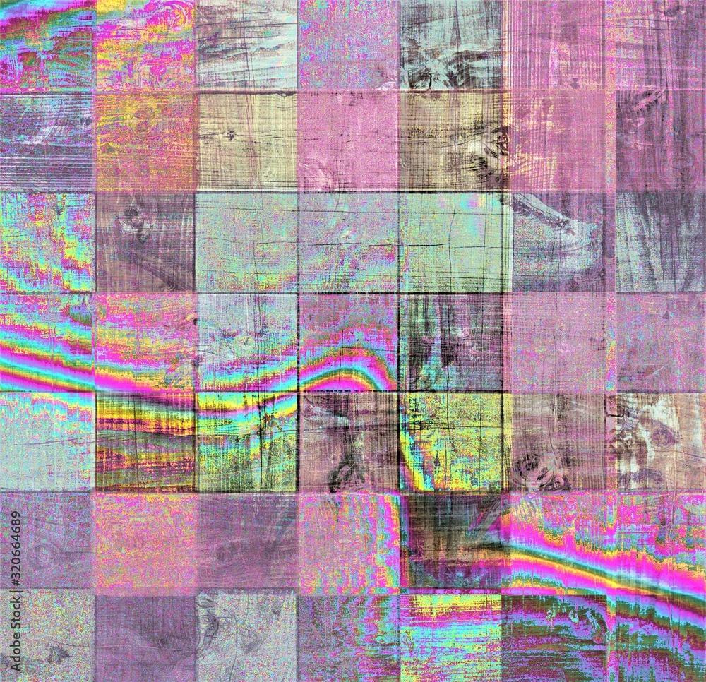 Obraz premium Colorful mosaic squares and grunge effect textured pattern background with warm and dark pastel color tone.