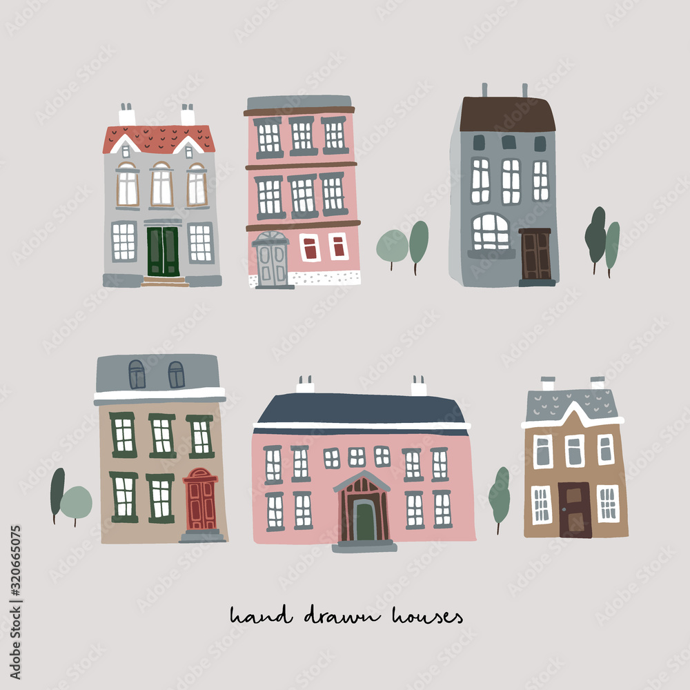 Set of hand drawn colorful old houses. Real estate icons isolated on white background. Town, village concept, urban landscape. Collection of vector cartoon illustrations.