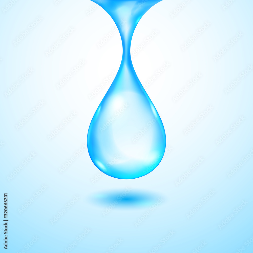 One big realistic translucent water drop in blue colors with shadow One big realistic translucent water drop in blue colors with shadow