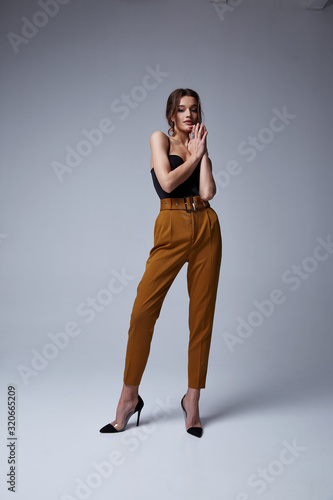 Sexy beautiful woman fashion glamour model brunette hair makeup wear silk skinny blouse trousers clothes for every day casual party style accessory date walk girl body shape studio.