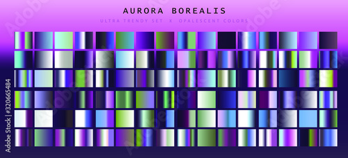 Set of trendy chromatic gradient swatches. Holographic gradient collection for web design and art.
