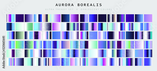 Set of trendy chromatic gradient swatches. Holographic gradient collection for web design and art.